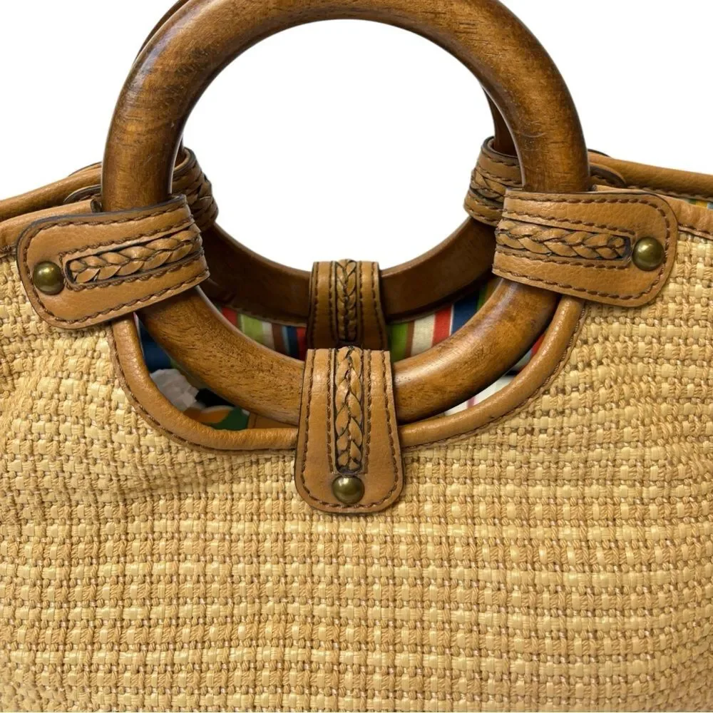Vintage Fossil Tan Woven Straw Wood Handles Small Satchel Tote Bag Y2K 90’s Boho